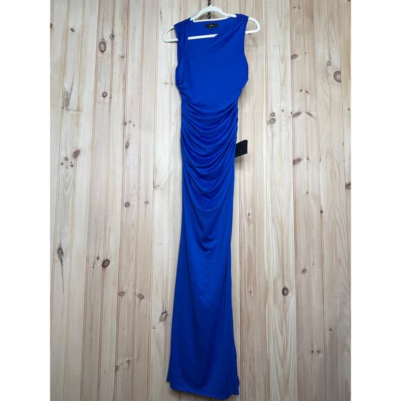 NWT Lulus Enticing Darling Royal Blue Asymmetrical Ruched Maxi Dress Gala Sz S - Picture 2 of 9